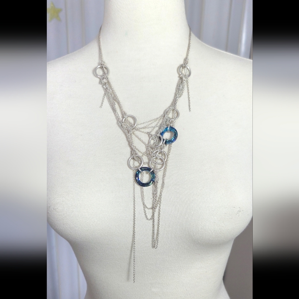 Sterling Silver Layered Chain Necklace W/ Swarovski Crystals